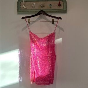 New Pink Dolls Kill Pink Sequin drape neck Mini Dress double slit small nwot
